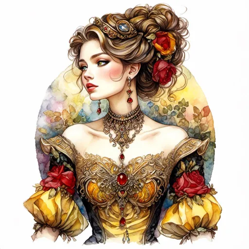 Prompt: <mymodel> beautiful woman, hair pinned up, yellow red black dress, earrings, Watercolor, trending on artstation, sharp focus, studio photo, intricate details, highly detailed, by  Josephine Wall and Jasmine Becket-Griffith