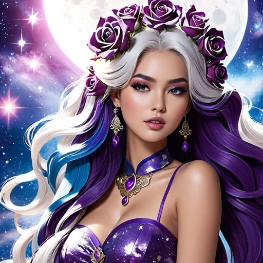 Prompt: <mymodel>Cosmic Epic Beauty, Beautiful and Gorgeous, purple roses in hair