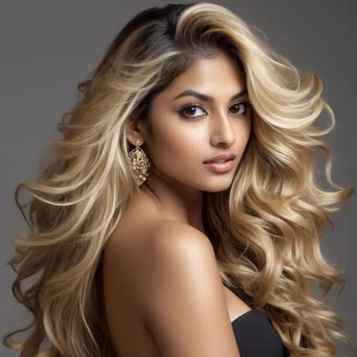 Prompt: Subject: A young ravishing  supermodel, sassy, rebellious South Asian woman in her early 20s with long,  blonde silky and shiny hair cascading down her back. Her face is a perfect oval framed by loose curls. Her features are striking: a high cheekbone line, a slightly upturned nose, and full lips. But it's her eyes that truly captivate. They are a deep, hypnotic blue, the color of a stormy sky.