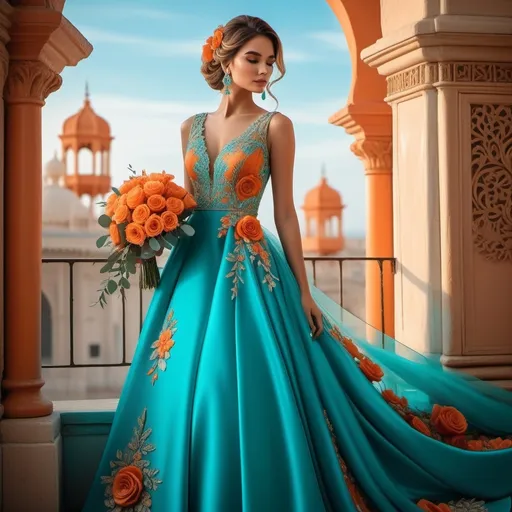 Prompt: Bathed in soft, ambient light, a stunning young woman stands poised, exuding elegance in a lavish turquoise gown adorned with intricate orange embroidery and floral accents. Her flawless features are complemented by a delicate hairstyle, embellished with a vibrant orange flower, and she wears elegant earrings that echo the colors of her attire. In her hands, she holds a bouquet of lush roses in shades of turquoise and orange, perfectly matched to her gown. The backdrop features ornate architectural elements, with soft candlelight flickering nearby and vibrant orange decor, creating a warm, celebratory atmosphere that speaks to an exquisite event or festive occasion. The overall composition radiates beauty and sophistication, capturing a moment of enchanting grace.