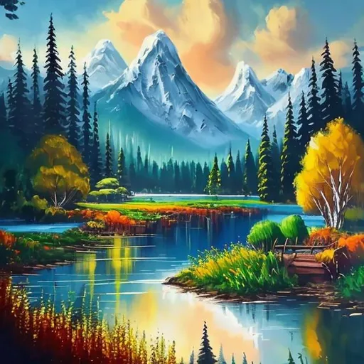 Prompt: Bob Ross painting, traditional oil painting, serene natural landscape, peaceful river, majestic mountains, vibrant greenery, happy little trees, soothing and calm atmosphere, high quality, realistic, traditional art style, vibrant colors, soft natural lighting