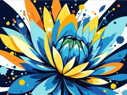 Prompt: This is a vibrant digital illustration of a stylized flower, resembling a sunflower, with a modern, abstract art style. The flower is centrally located and dominates the image. It features a symmetrical pattern of elongated petals that radiate outward from a small, dark green, textured center. The petals are primarily in shades of bright blue, orange, and white, with some overlapping and blending to create a dynamic, colorful effect. The blue petals are positioned at the center and inner sections, while the orange and white petals extend outward. The background is dark, almost black, which contrasts sharply with the bright colors of the flower, making it stand out. Splashes of blue, orange, and yellow paint-like splotches and dots are scattered around the flower, adding to the abstract feel. The overall texture is smooth, with clean, bold lines defining the petals and a slightly textured center. The image has a playful, energetic vibe, with the vibrant colors and dynamic splashes creating a sense of movement and liveliness. The illustration uses a combination of flat colors and subtle gradients to enhance the visual impact.