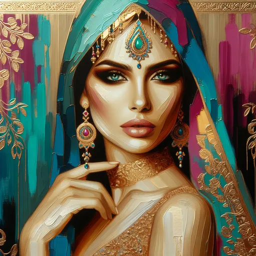 Prompt: <mymodel>beautiful woman, turquoise, gold, magenta, high quality, detailed, vibrant colors, elegant, luxurious, glamorous, realistic painting, warm lighting