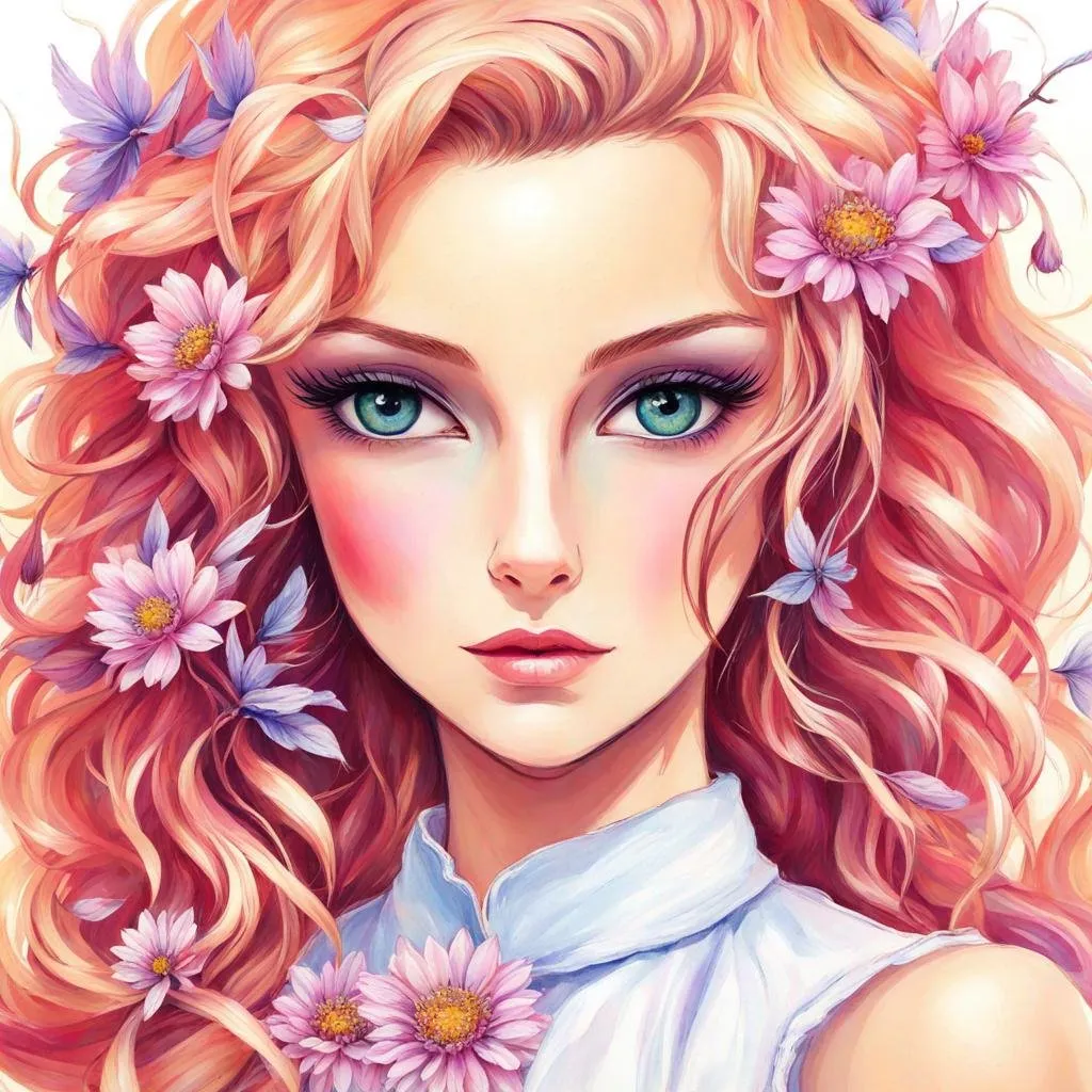 Prompt: Fairy of summer, vivid colors,large eyes, warm coiors, wildflowers, closeup