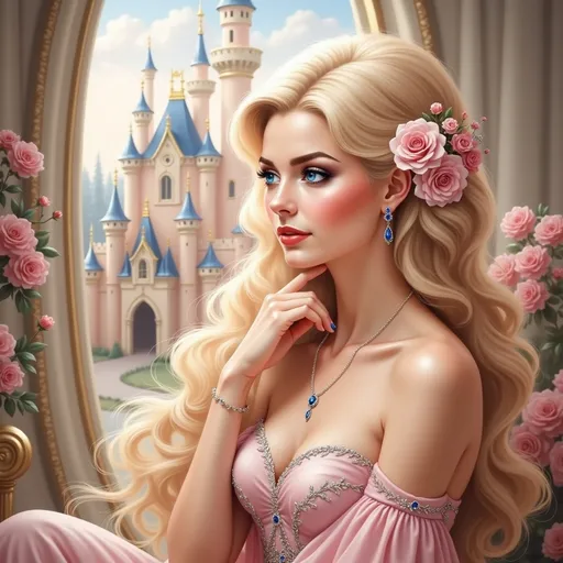 Prompt: Bathed in soft light, a young woman with cascading blonde curls gazes dreamily away, embodying an ethereal beauty enhanced by delicate pink roses adorn her hair. She wears an elegantly off-the-shoulder gown adorned with intricate embroidery, accentuating her graceful pose and serene expression. Behind her, a dreamy castle towers amidst a lush landscape dotted with blooming flowers, echoing a fairy-tale atmosphere. The intricate architecture and pastel hues in the background contrast beautifully with her soft features, creating a harmonious, romantic scene. This enchanting tableau captures a sense of longing and whimsy, inviting viewers to imagine a story of fantasy and romance.
