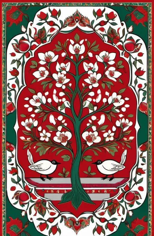 Prompt: A colorful design in the dimensions of 140centimeteres by 140 centimeters. It's main theme is red and white. There are pomegranates and cherry blossoms. with some green leaves and branches. It has some birds. Traditional Iranian style