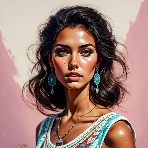 Prompt: <mymodel>Watercolor and pen sketch of a young woman in southwestern style, turquoise jewelry, flowing attire, intricate details, vibrant colors, high quality, southwest art, watercolor, pen sketch, detailed jewelry, flowing attire, vibrant colors, beautiful woman, high quality imagery, professional, atmospheric lighting