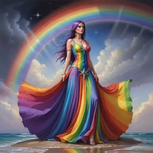 Prompt: a woman in a rainbow colored dress standing under a rainbow colored star and a rainbow - colored rainbow - colored dress, Anne Stokes, fantasy art, fantasy artwork, a fine art painting