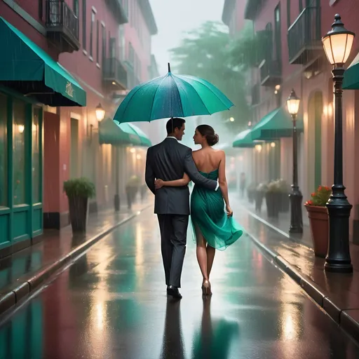 Prompt: Beneath a vibrant, multi-colored umbrella, a couple walk hand in hand through a quaint, rain-soaked street, exuding a sense of romance and intimacy. The graceful woman, dressed in a stunning gradient dress that transitions from teal to emerald, glances back at her partner, whose sharp suit contrasts with her playful outfit. The charming street, lined with pastel-colored buildings and decorative awnings, reflects the soft glow of streetlamps in puddles formed by the rain, creating a warm and inviting atmosphere. It's a serene, overcast day, with the rain adding a refreshing touch to the idyllic scene, enhancing the couple's joyful connection amidst the urban setting. The composition expertly captures both the warmth of their bond and the beauty of a moment shared in the rain.