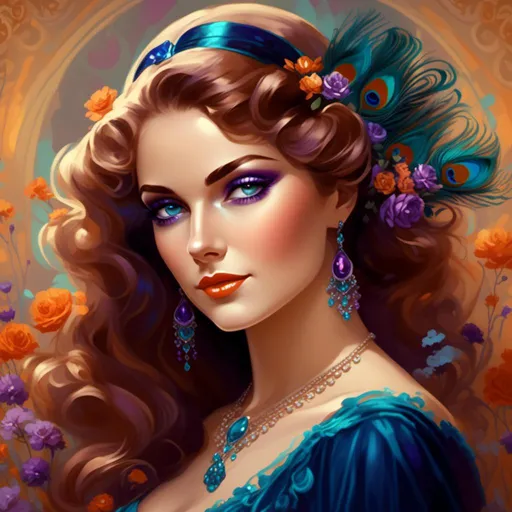 Prompt: <mymodel>dynamic composition of a pale skinned woman with hair of flowers and peacock plummage  of aqua, orange and purplepurple, ornate details,lacey clothes, facial closeup