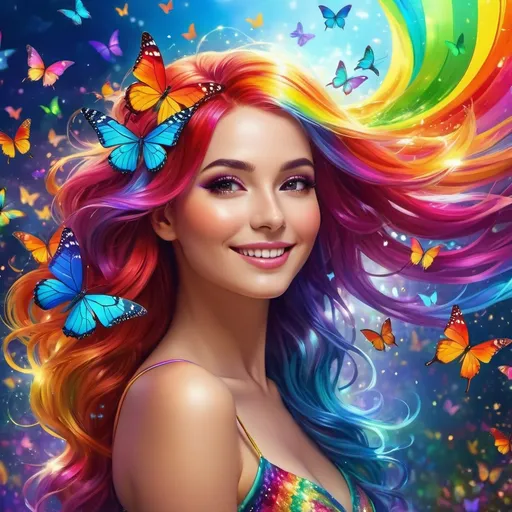 Prompt: (rainbow lady), vibrant colors, flowing multicolored hair, whimsical attire accentuated with geometric patterns, ethereal background with swirling hues, uplifting atmosphere, enchanting smile, surrounded by luminous butterflies, sparkling light effusions, magical feel, (4K), ultra-detailed, captivating composition, cheerful mood, reminiscent of a fairytale.