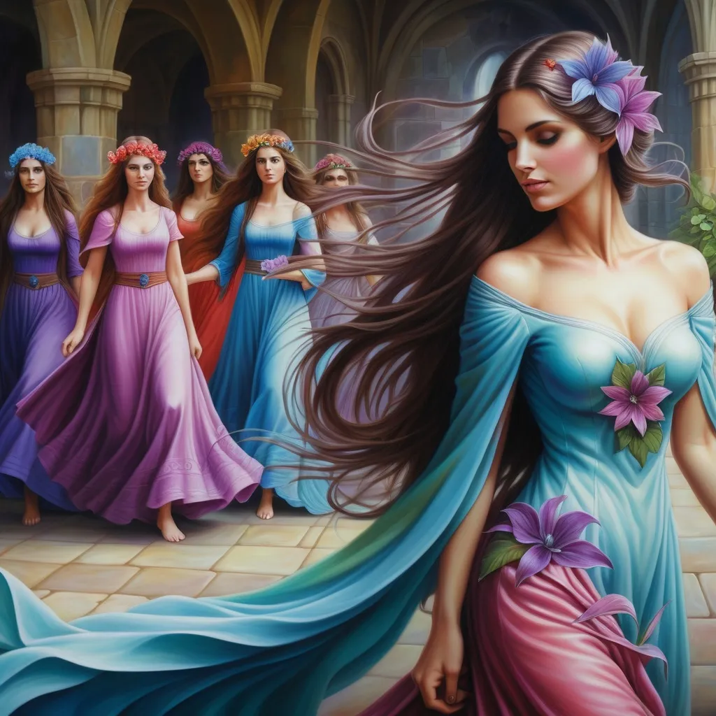 Prompt: a painting of a woman in a dress with long hair and a flower in her hair, with other women in the background, Anne Stokes, fantasy art, mystical colors, a detailed painting