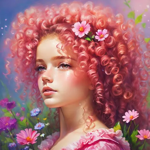 Prompt: a young fairy of spring,  lots of very curly hair, pink glow on cheeks, wildflowers, vivid colors, closeup