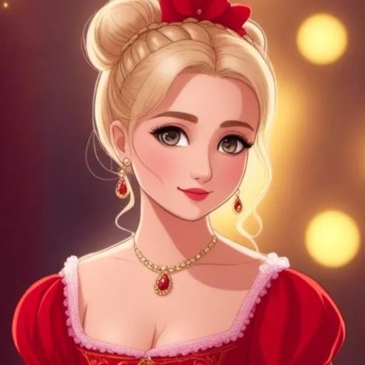 Prompt: <mymodel>A  princess with a blonde hair in a bun,  in red dress , in her late teens, big pretty eyes