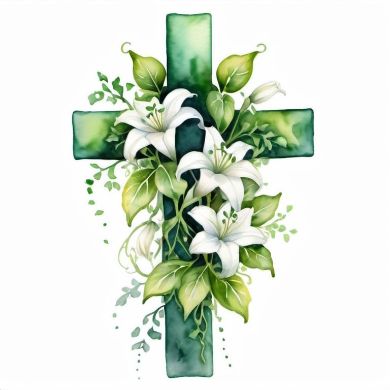 Prompt: water color  cross with green ivy and small white lilies 