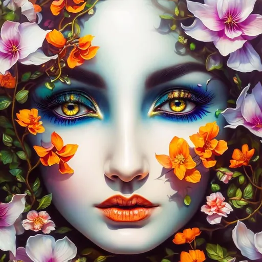 Prompt: Beautiful  hybrid woman with orange flowers sprouting from her, oil painting, detailed fiery eyes, ethereal glow, dark and mysterious, high quality, vibrant colors, surreal, haunting, intricate floral details, intense gaze, mystical atmosphere, oil painting, demon, hybrid, fiery eyes, ethereal, vibrant colors, surreal, haunting, floral details, intense gaze, mystical atmosphere