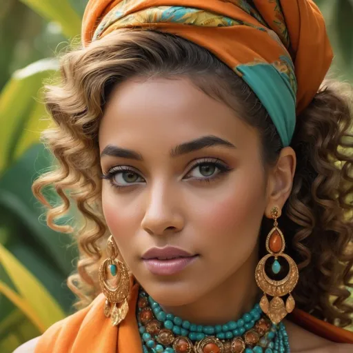 Prompt: Draped in vibrant fabrics, a striking figure stands against a lush, tropical backdrop, radiating both elegance and confidence. Her expressive gaze, framed by voluminous, curly hair crowned with an ornate orange headwrap, captures attention immediately, while elaborate jewelry in hues of turquoise and gold adds an air of sophistication. The outfit, adorned with leaf motifs, hints at a festive or cultural celebration, complemented by the warm, natural light filtering through the greenery around her. The overall composition beautifully merges the subject's bold attire with the serene vitality of the garden setting, conveying a sense of joy and cultural pride.