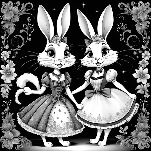 Prompt: <mymodel>Funny illustration of a anthropomorphic rabbit and cat in beautiful dresses , Tim Burton style eyes, bright and colorful, whimsical bright colorful background, comical expressions, high quality, detailed fur, playful, cartoonish, vibrant colors, imaginative lighting