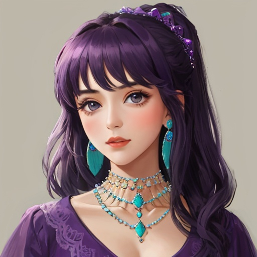 Prompt: a girl portayed in tones of purple. Wearing turquoise jewelry