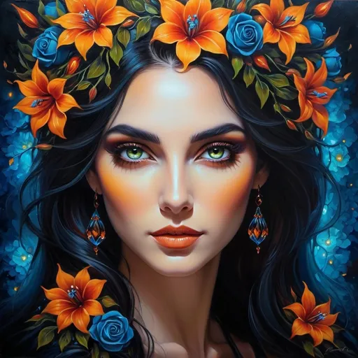 Prompt: Beautiful  hybrid woman with flowers sprouting from her, oil painting, detailed fiery eyes, ethereal glow, dark and mysterious, high quality, vibrant colors, surreal, haunting, intricate floral details, intense gaze, mystical atmosphere, oil painting, demon, hybrid, fiery eyes, ethereal, vibrant colors, surreal, haunting, floral details, intense gaze, mystical atmosphere