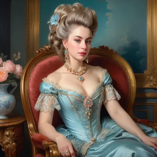 Prompt: Rococo era portrait of a woman, oil painting, luxurious clothing, elaborate hairstyle, ornate jewelry, soft pastel colors, soft and diffused lighting, high quality, detailed brushwork, elegant and refined, opulent setting, intricate lace details, classic beauty, historical art, Rococo style, delicate features, aristocratic charm