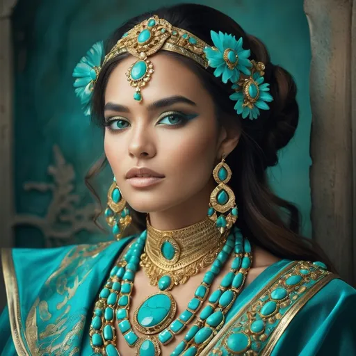 Prompt: <mymodel>An extremely gorgeous woman,  with turquoise jewels, in color scheme of turquoise and gold