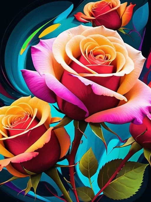 Prompt: Vibrant abstract digital artwork of roses, dazzling colors, dynamic composition, high energy, modern digital art, vibrant, abstract, digital, high energy, dynamic composition, best quality, colorful, vivid tones, professional lighting