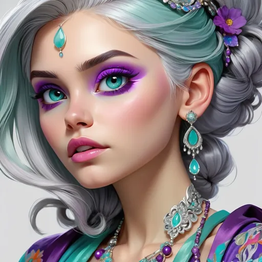 Prompt:  illustration of a young woman with beautiful silver hair, aqua and purple tones, elaborate jewelry, detailed makeup, colorful attire