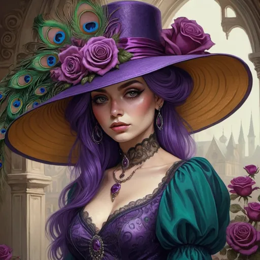 Prompt: a woman with purple hair and a purple dress  and hat adorned with roses and peacock feathers, Edwin Georgi, gothic art, highly detailed digital painting, a detailed painting