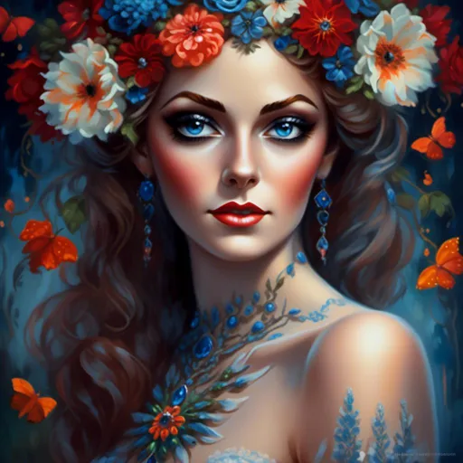 Prompt: <mymodel>Nataasha-Beautiful woman with flowers, oil painting, detailed fiery eyes, ethereal glow, dark and mysterious, high quality, vibrant colors, surreal, haunting, intricate floral details, intense gaze, mystical atmosphere, oil painting, demon, hybrid, fiery eyes, ethereal, vibrant colors, surreal, haunting, floral details, intense gaze, mystical atmosphere