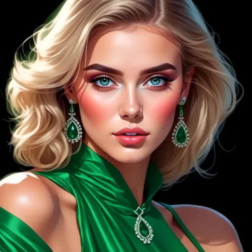 Prompt: <mymodel>Detailed illustration of a woman in vibrant green attire, large vivid green eyes, elegant makeup, digital painting, high resolution, realistic style, vibrant green, professional lighting