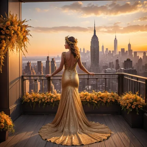 Prompt: A breathtaking sunset casts a warm golden hue over a sprawling cityscape, highlighted by the iconic silhouette of the Empire State Building in the distance. Standing on an ornate balcony, a woman in a flowing, elegant golden gown gazes out at the horizon, her hair cascading gently down her back, adorned with a delicate floral crown. The lush greenery and vibrant flowers framing the scene lend a touch of natural beauty to the urban backdrop, creating a harmonious blend of nature and architecture. The soft glow of the setting sun enhances the dreamy atmosphere, evoking a sense of hope and serenity as day transitions into night. The overall composition captures a moment of reflection and beauty, inviting viewers to appreciate both the individual and the vastness of the city below.