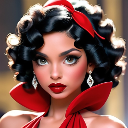 Prompt: woman with curly black hair, red lips,  Red dress, wearing sapphire jewelry, facial closeup
