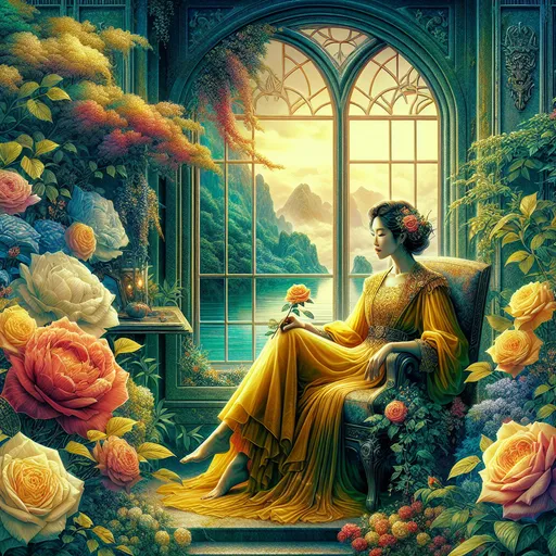 Prompt: a painting of a woman in a yellow dress sitting in a chair with roses around her and a window behind her, Anne Stokes, fantasy art, highly detailed digital painting, a detailed painting