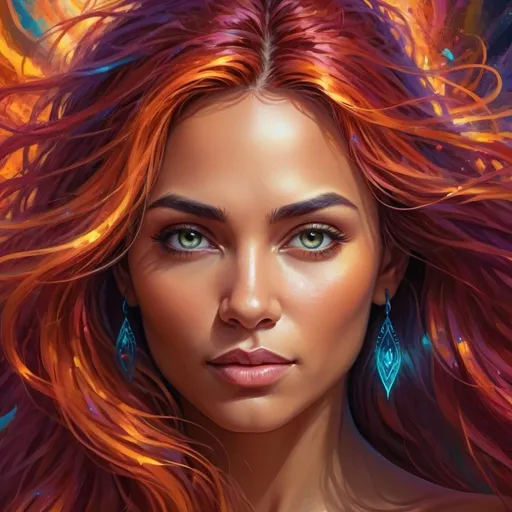 Prompt: Detailed digital painting of a powerful woman, vibrant colors, magical fantasy setting, flowing hair with intricate details, intense and confident expression, ethereal and mystical atmosphere, high quality, digital painting, fantasy, vibrant colors, flowing hair, powerful, confident, mystical, atmospheric lighting