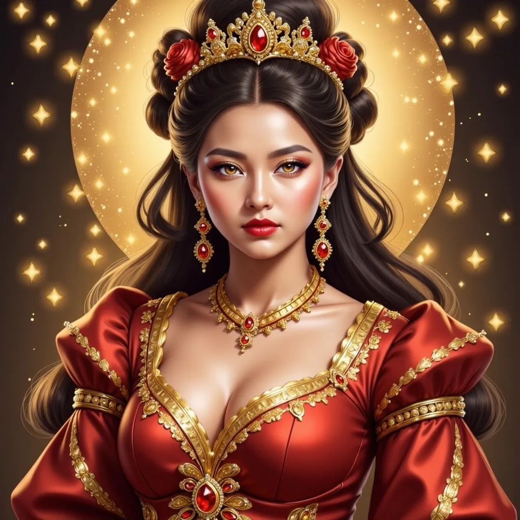 Prompt: <mymodel> a woman in a red dress with gold trimmings and a tiara on her head and shoulders, Chen Hong, fantasy art, highly detailed digital painting, a detailed painting