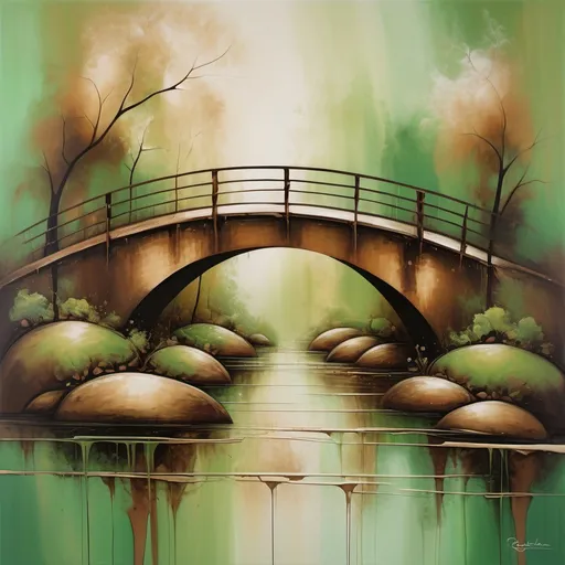 Prompt: (Abstract painting of a bridge  ), softly blended (green and brown tones), organic shapes and textures, rich depth and contrasts, fluid brushstrokes, creating a harmonious and earthy ambiance, soothing yet vibrant atmosphere, inviting emotional connection, high-resolution, ultra-detailed, captivating visual experience, art that evokes nature’s tranquility and rustic charm.