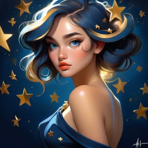 Prompt: <mymodel>a beautiful girl on a dark blue background with gold stars in her hair, shimmer, glow, stars, wavy hair, euphoria makeup, highly detailed girl by artgerm and Edouard Bisson, highly detailed oil painting, portrait of a beautiful person, art by Stanley Artgerm, Charlie Bowater, Atey Ghailan and Mike Mignola,