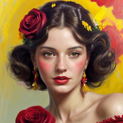 Prompt: a woman with a red dress and flowers in her hair and a red rose in her hair and a yellow background, Edwin Georgi, figurative art, highly detailed digital painting, a photorealistic painting