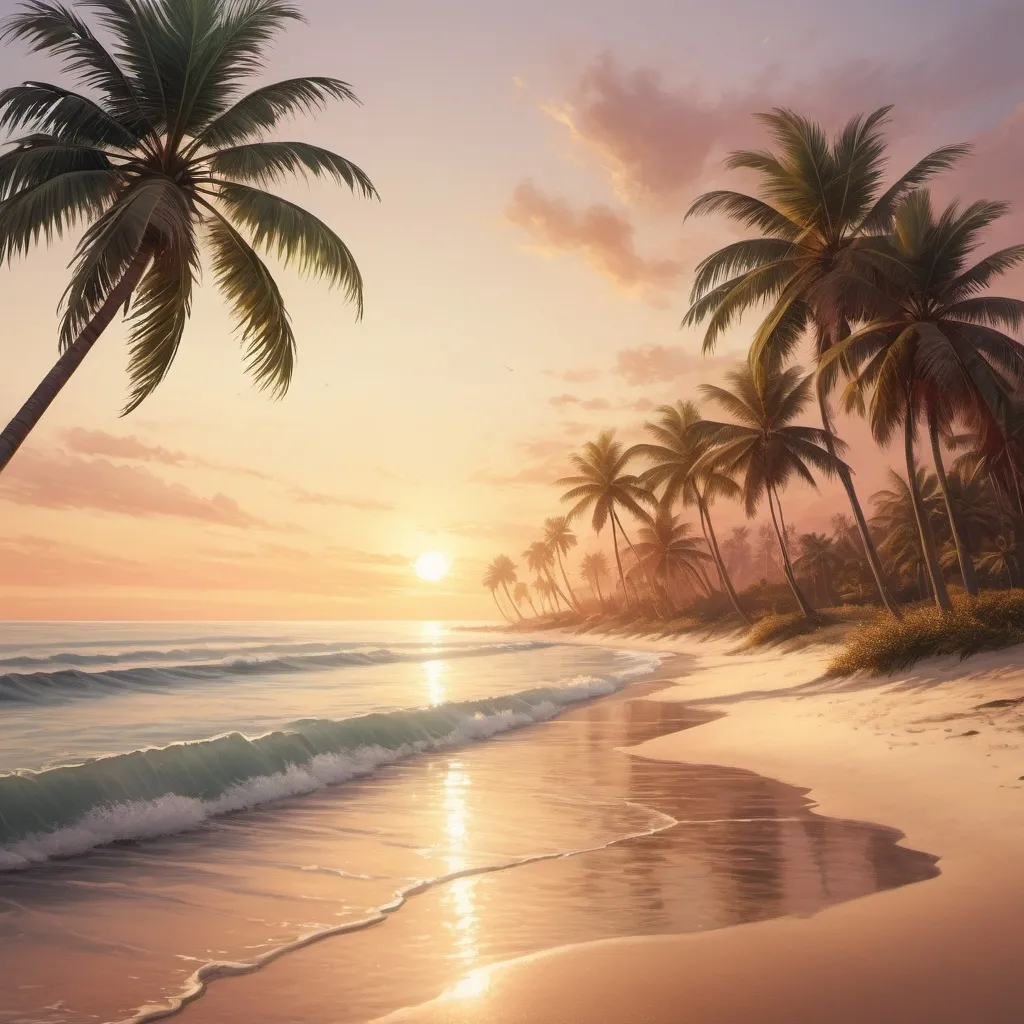 Prompt: Ethereal digital artwork of a serene beach at sunset, golden hour lighting, calm ocean waves, tranquil atmosphere, detailed palm trees, nostalgic feel, high quality, digital painting, serene, nostalgic, warm tones, detailed landscape, atmospheric lighting