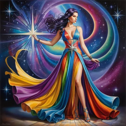 Prompt: a woman in a colorful dress with a star in the background of a painting of a woman in a colorful dress, Anne Stokes, fantasy art, mystical colors, an art deco painting