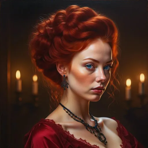 Prompt: <mymodel> Powerful Victorian woman with voluminous wine-red curly updo, elegant Victorian attire, detailed lace, regal posture, intricate jewelry, luxurious fabric, intense gaze, oil painting, high quality, Victorian era, regal, detailed hair, elegant, luxurious, intense gaze, detailed lace, oil painting, atmospheric lighting