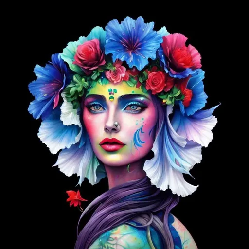 Prompt: Flower Siren graffiti art, splash art, street art, spray paint, oil gouache melting, acrylic, high contrast, colorful polychromatic, ultra detailed, ultra quality, CGSociety