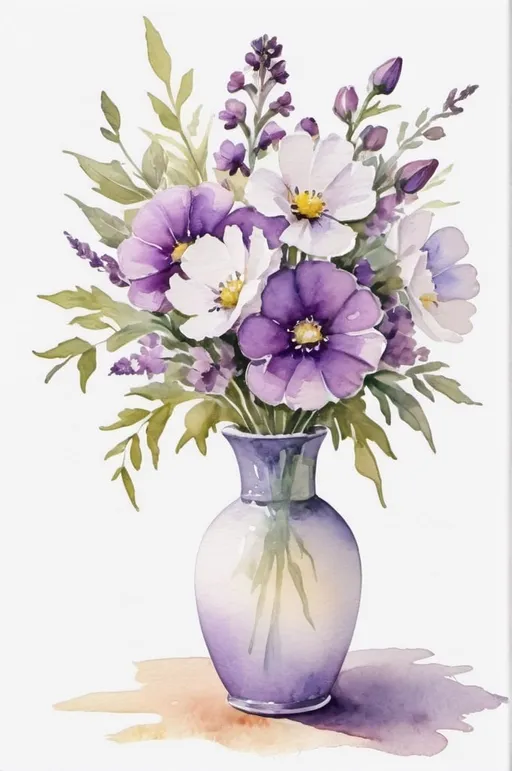 Prompt: watercolor portrait, vase with bouquet of purple and white flowers, white background