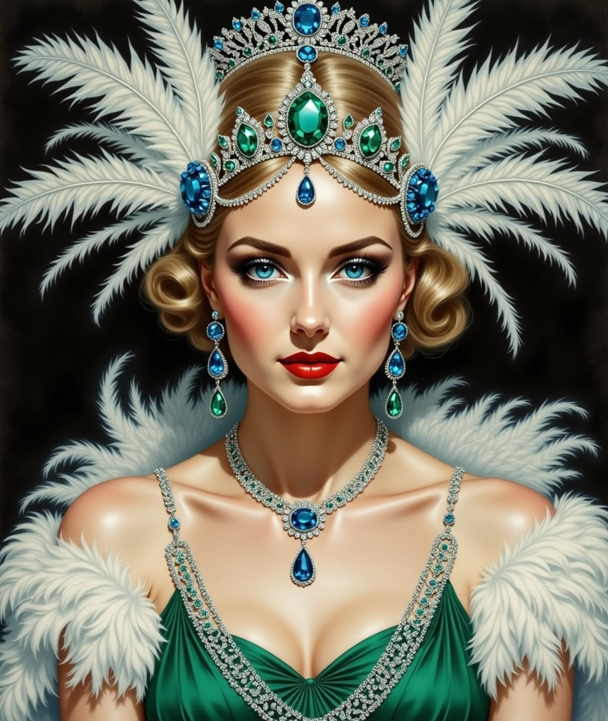 Prompt:  a woman wearing a tiara and feathers on her head and a green dress with a green jeweled necklace, Edwin Georgi, art deco, enoch bolles, an art deco painting