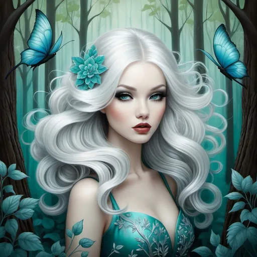 Prompt: The beautiful young lady with blowing platinum hair illustration art by Lori Earley, Daria Endresen, Tristan Eaton. Whimsical forest background, Extremely detailed, intricate, beautiful. 
