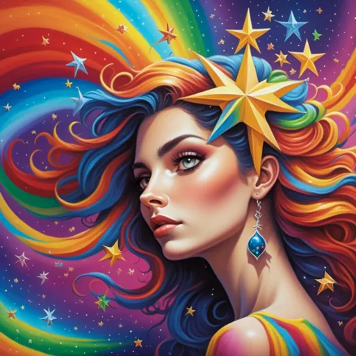 Prompt: <mymodel> a woman in a blue dress holding a star in her hand and a rainbow swirl around her body, with stars in the sky, Anne Stokes, fantasy art, highly detailed digital painting, a detailed painting