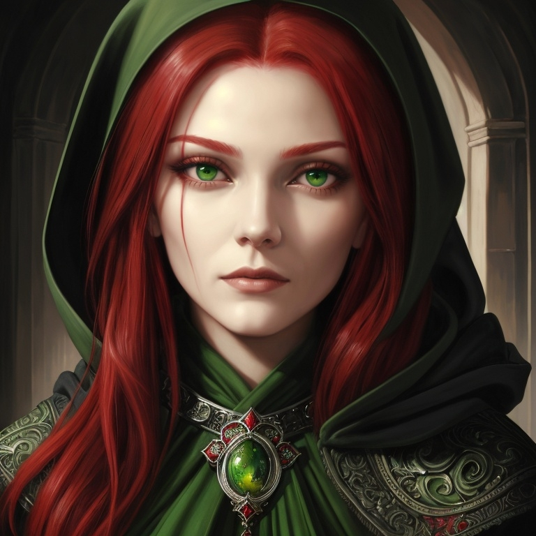 Prompt: a painting of a woman with red hair and green eyes, with a scarf around her neck and a hood on, Anne Stokes, gothic art, highly detailed digital painting, a photorealistic painting