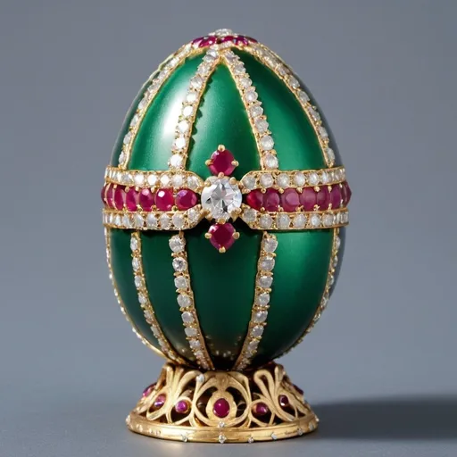 Prompt: Beautiful, jeweled Fabrege style Easter egg with emeralds, diamonds and rubies