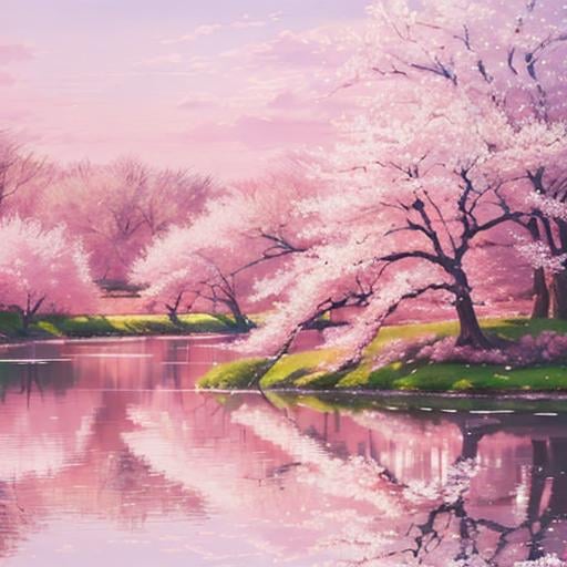 Prompt: A peaceful pink landscape, oil painting, cherry blossom trees in full bloom, serene lake reflecting the pink sky, high quality, impressionist, pastel pink tones, soft lighting